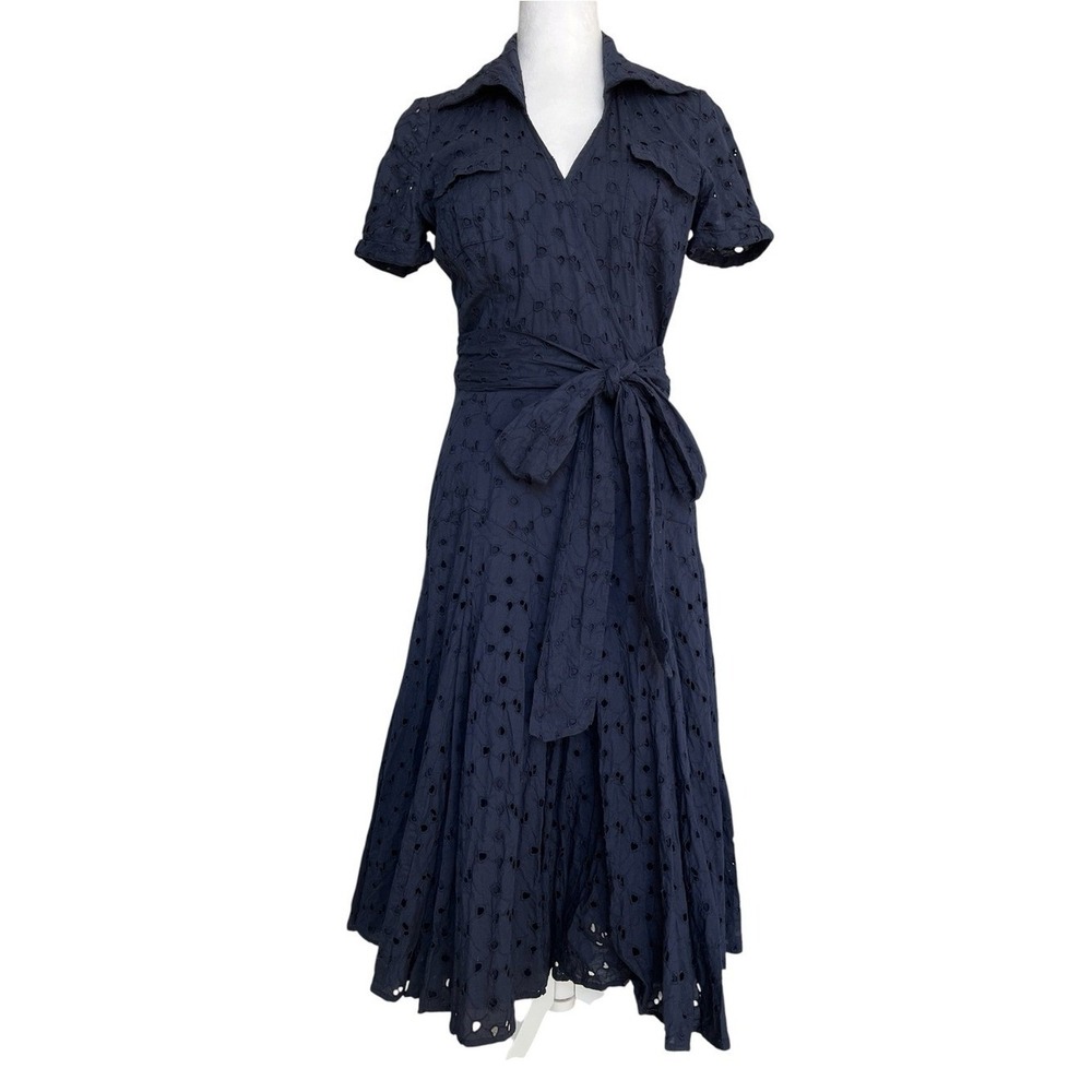 Vintage Diane Von Furstenberg DVF Taffy Navy Blue Eyelet Lace Midi Wrap Dress 6 - Picture 2 of 6
